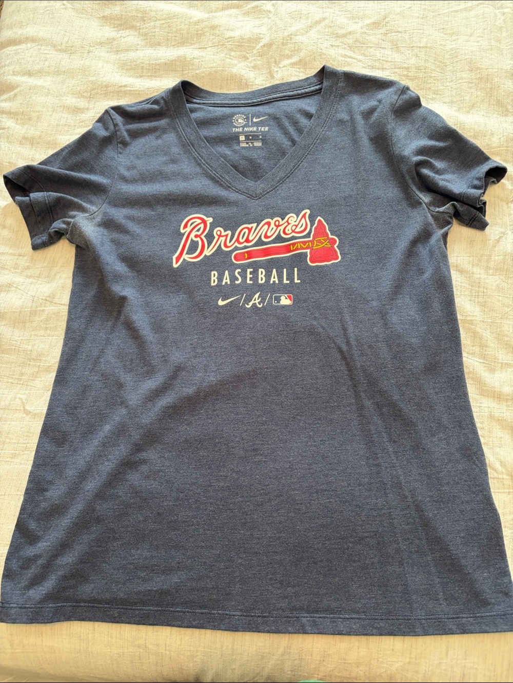 Nike Braves Navy V-Neck Tee with Red & White Logo